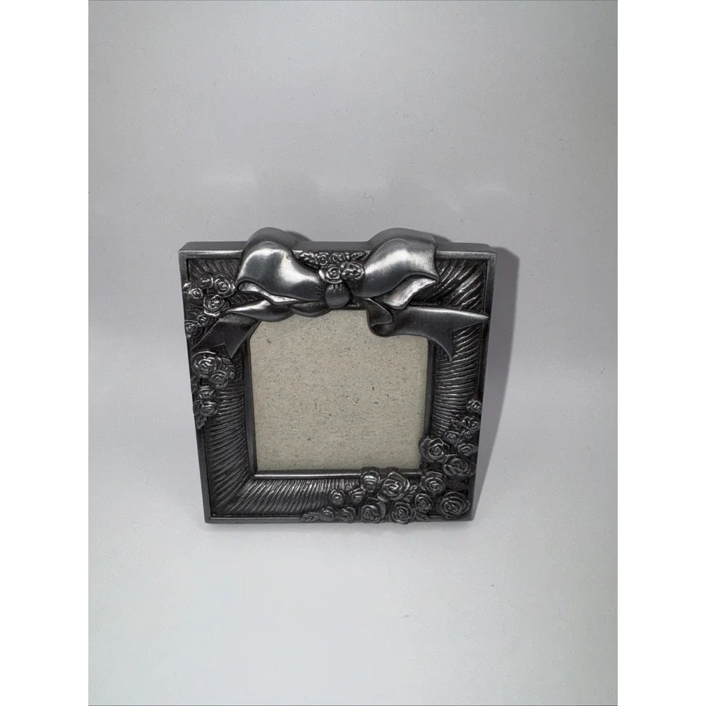 Vintage Small Silver Pewter Finish Miniature Picture Frame Bow and Roses Square